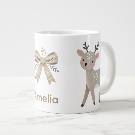 Cute Reindeer & Bow Drawing Christmas Name ジャンボコーヒーマグカップ (正面右)