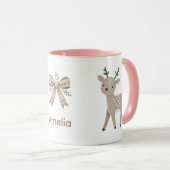 Cute Reindeer & Bow Drawing Christmas Name マグカップ (正面右)