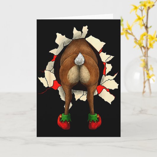 Cute Reindeer Butt Breakthrough Christmas  カード (黄色い花)