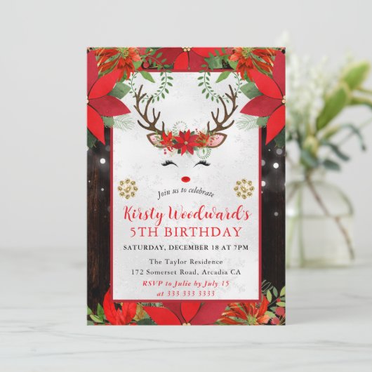 Cute Reindeer Christmas Birthday Party 招待状 (スタンド正面)