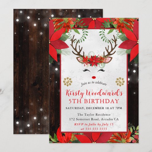 Cute Reindeer Christmas Birthday Party 招待状 (正面/裏面)