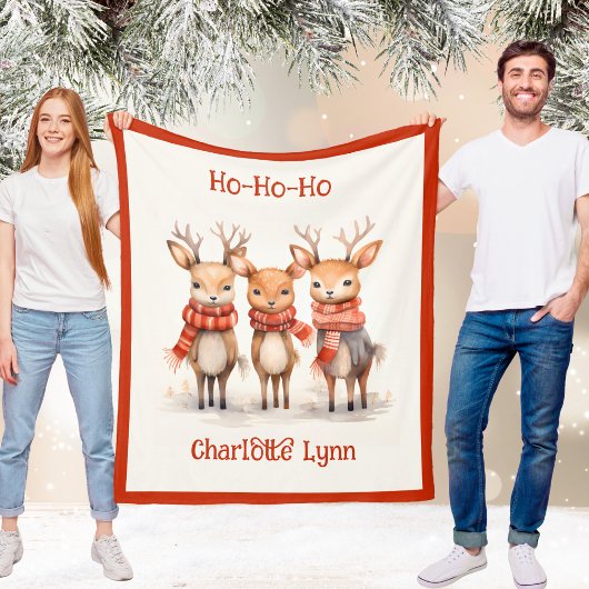 Cute Reindeer Christmas Blanket for Kids With Name フリースブランケット