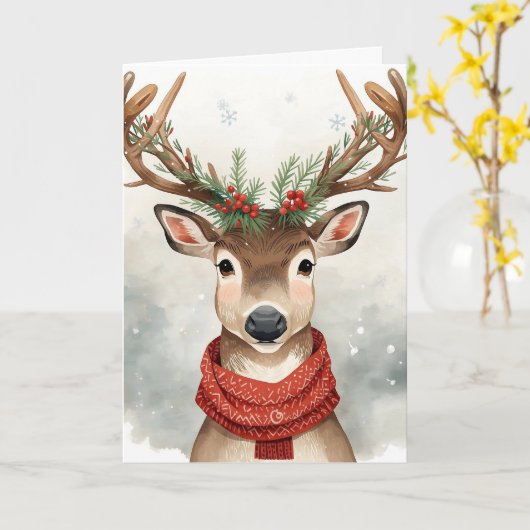 Cute Reindeer Christmas Card カード (黄色い花)