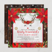 Cute Reindeer Christmas Poinsettia 5th Birthday 招待状 (正面/裏面)