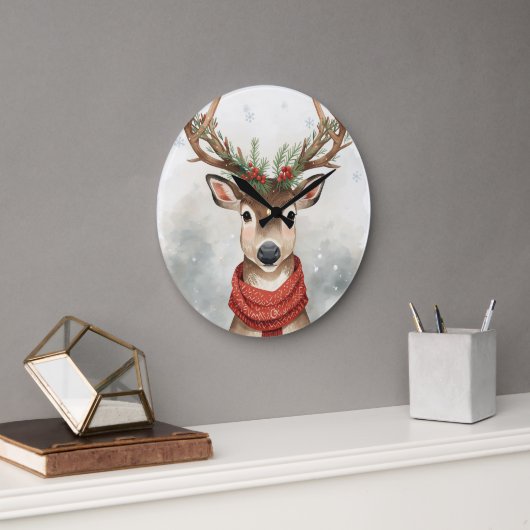 Cute Reindeer Christmas Round Wall Clock ラージ壁時計 (オフィス)