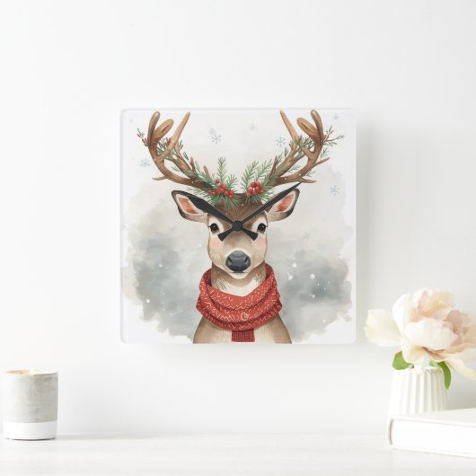 Cute Reindeer Christmas Wall Clock スクエア壁時計 (ホーム)