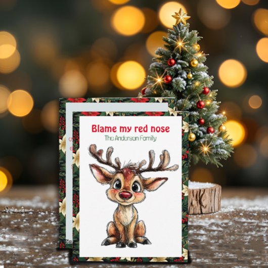 Cute reindeer christmas wish red retro Postcard シーズンカード