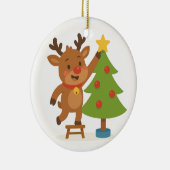 Cute Reindeer Decorating Tree Personalized Name セラミックオーナメント (右)