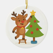 Cute Reindeer Decorating Tree Personalized Name セラミックオーナメント (正面)