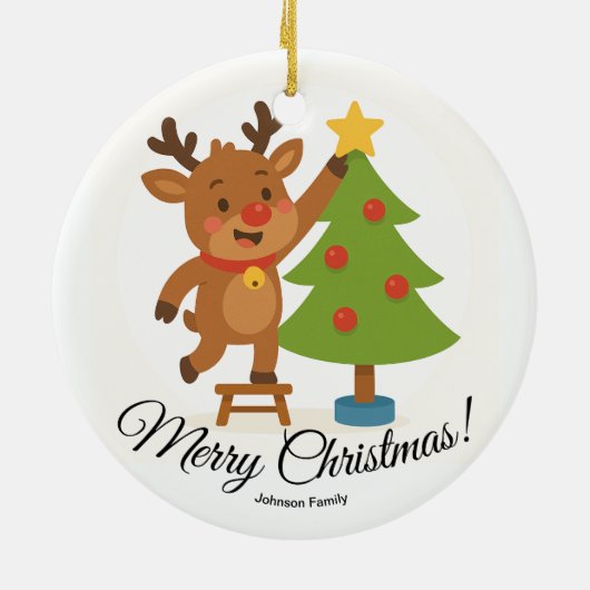 Cute Reindeer Decorating Tree Personalized Name セラミックオーナメント (裏面)