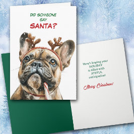 Cute Reindeer French Bulldog Looks for Santa シーズンカード