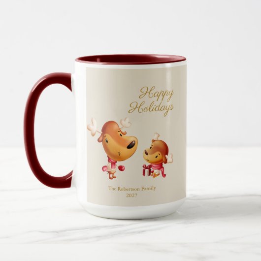Cute Reindeer Happy Holidays Personalized マグカップ (左)