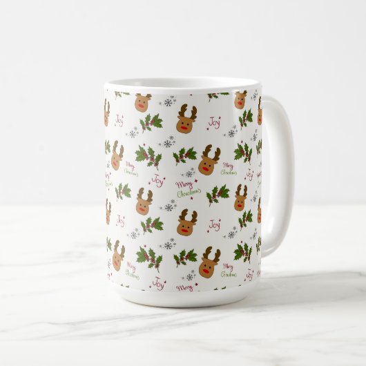 Cute Reindeer & Holly Christmas Pattern コーヒーマグカップ (正面右)