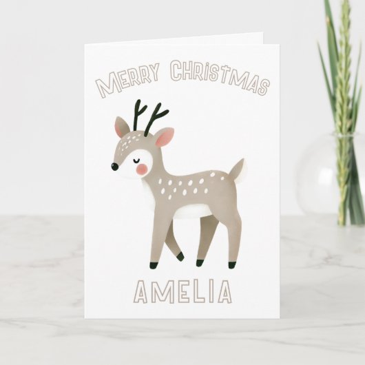 Cute Reindeer Kid`s Name Merry Christmas Holiday カード (正面)