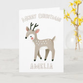 Cute Reindeer Kid`s Name Merry Christmas Holiday カード (黄色い花)