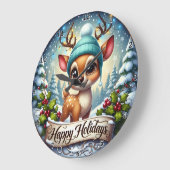 Cute Reindeer Lights Happy Holidays ラージ壁時計 (傾斜)