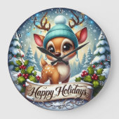 Cute Reindeer Lights Happy Holidays ラージ壁時計 (正面)