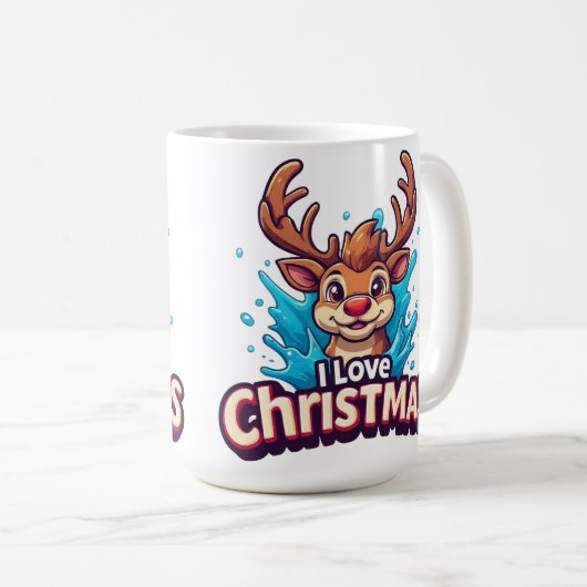 Cute Reindeer Mascot With 'I Love Christmas' Text コーヒーマグカップ (正面右)