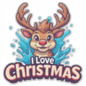 Cute Reindeer Mascot With 'I Love Christmas' Text シール (正面)