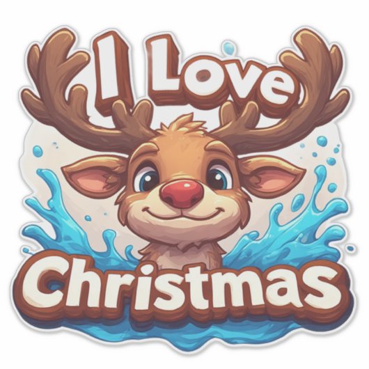 Cute Reindeer Mascot With 'I Love Christmas' Text シール (正面)