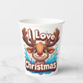 Cute Reindeer Mascot With 'I Love Christmas' Text 紙コップ (正面)