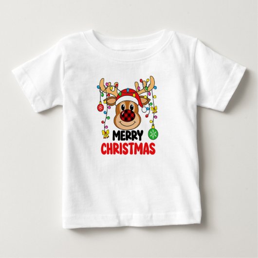 Cute Reindeer Merry Christmas Lights ベビーTシャツ (正面)