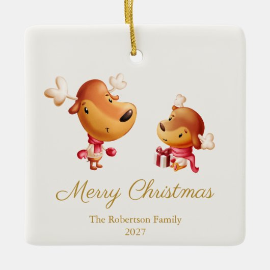 Cute Reindeer Merry Christmas Ornament セラミックオーナメント (正面)