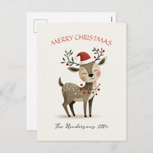 Cute Reindeer Retro Christmas Postcard シーズンポストカード (正面/裏面)