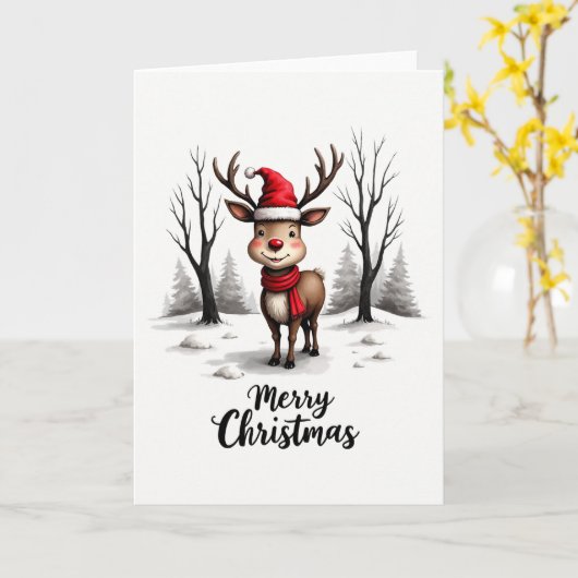Cute Reindeer Santa Hat Red Scarf Merry Christmas カード (黄色い花)