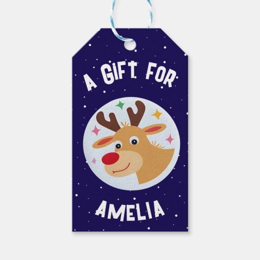 Cute Reindeer Snowflakes Kid`s Name Christmas  ギフトタグ (正面)