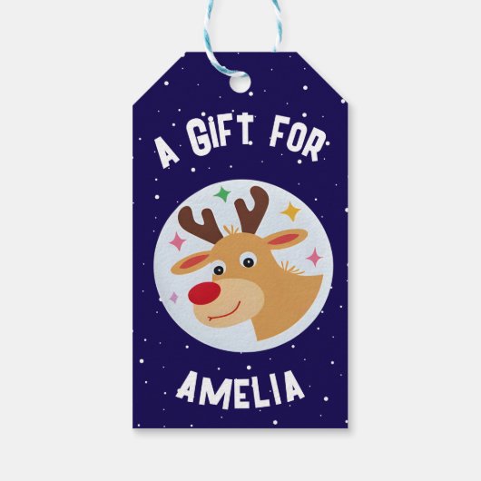 Cute Reindeer Snowflakes Kid`s Name Christmas ギフトタグ (裏面)