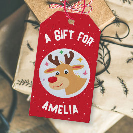 Cute Reindeer Snowflakes Kid`s Name Christmas  ギフトタグ