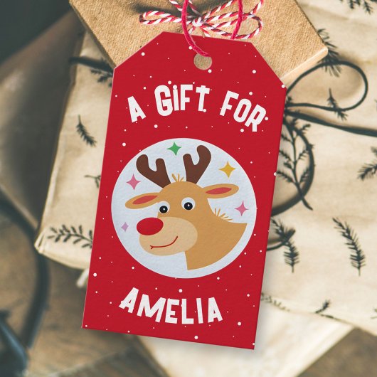 Cute Reindeer Snowflakes Kid`s Name Christmas  ギフトタグ