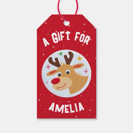 Cute Reindeer Snowflakes Kid`s Name Christmas  ギフトタグ (正面)
