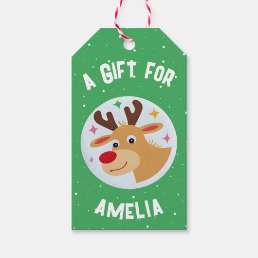 Cute Reindeer Snowflakes Kid`s Name Christmas  ギフトタグ (正面)