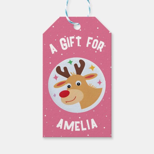 Cute Reindeer Snowflakes Kid`s Name Christmas ギフトタグ (正面)