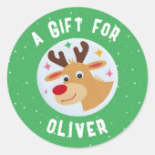 Cute Reindeer Snowflakes Kid`s Name Christmas  ラウンドシール (正面)