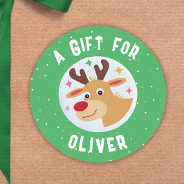 Cute Reindeer Snowflakes Kid`s Name Christmas  ラウンドシール