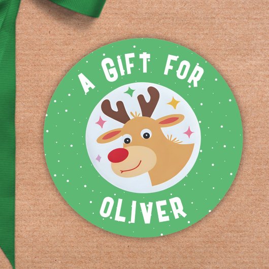 Cute Reindeer Snowflakes Kid`s Name Christmas  ラウンドシール