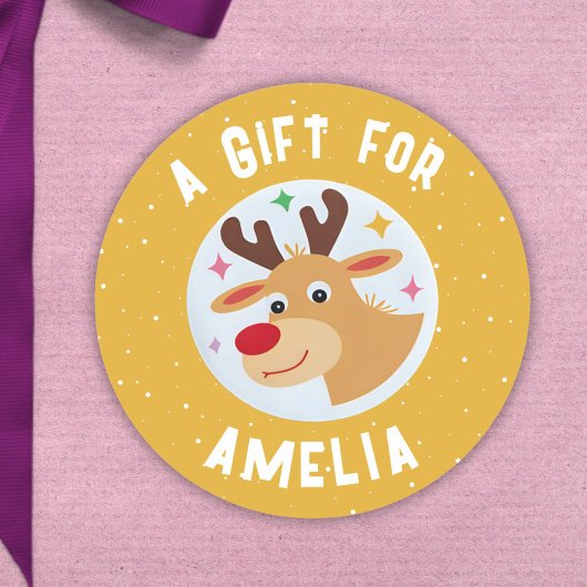 Cute Reindeer Snowflakes Kid`s Name Christmas  ラウンドシール