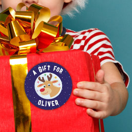 Cute Reindeer Snowflakes Kid`s Name Christmas  ラウンドシール