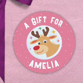 Cute Reindeer Snowflakes Kid`s Name Christmas  ラウンドシール
