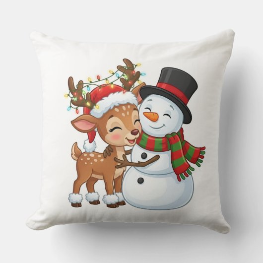 Cute Reindeer & Snowman Christmas Pillow クッション (正面)