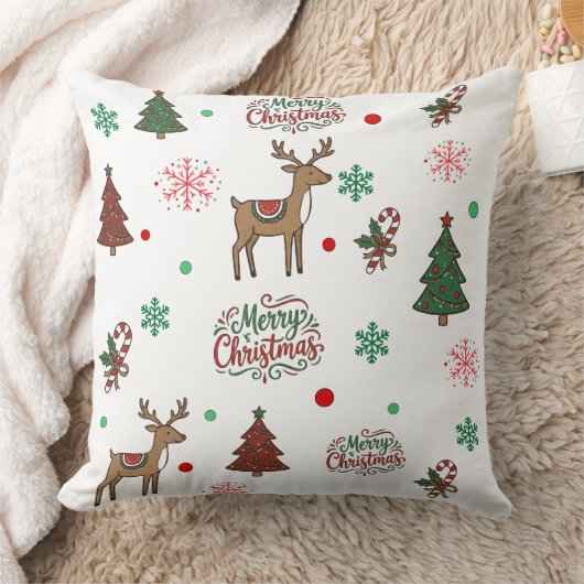 Cute Reindeer & Tree Merry Christmas Pattern Throw クッション (ブランケット)