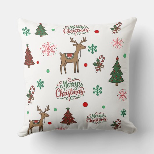 Cute Reindeer & Tree Merry Christmas Pattern Throw クッション (裏面)