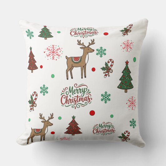 Cute Reindeer & Tree Merry Christmas Pattern Throw クッション (正面)
