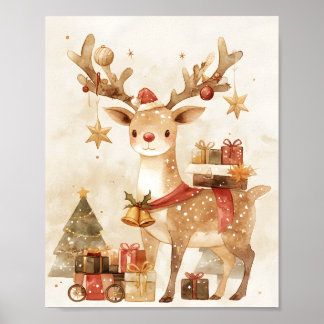 Cute Reindeer with Christmas Gifts Wall Art Decor ポスター