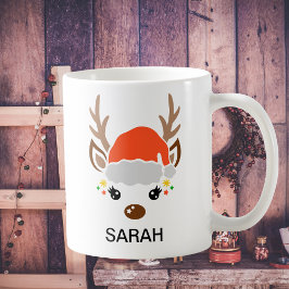 Cute Reindeer with Santa Hat Custom Name コーヒーマグカップ