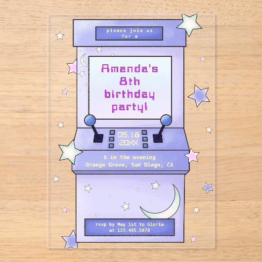 Cute Retro Arcade Game Kids Birthday アクリル招待状 (正面)