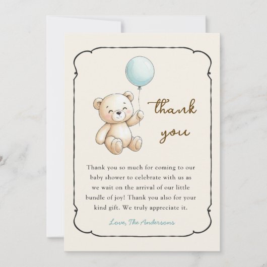 Cute retro Bear Baby Boy shower Thank you card サンキューカード (正面)